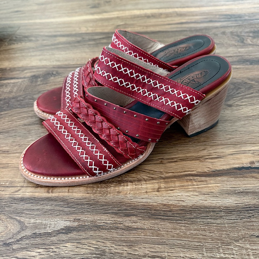freebird Red Multi-Strap Leather Heeled Sandals